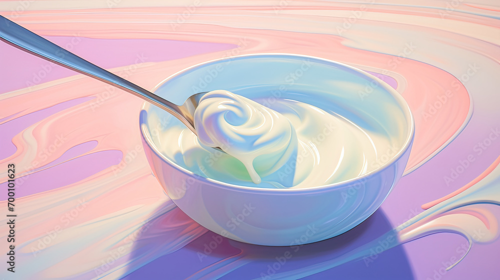 A spoon scooping creamy yogurt against a backdrop of soft, pastel colors, creating a light and appetizing yogurt-themed scene Ai Generative A spoon scooping creamy yogurt against a backdrop of soft, pastel colors, creating a light and appetizing yogurt-themed scene Ai Generative