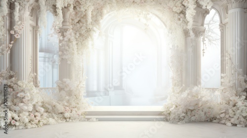 White wedding background with white curtain and flowers created with Generative AI