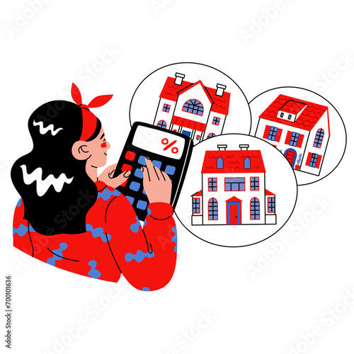 A girl with a calculator calculates a profitable purchase of housing. Real estate investments. Image for rental business. Vector illustration isolated on a transparent background.