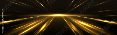 High-speed neon light lines of yellow color on a black background. Incredible speed on the expressway. Laser beams luminous abstract sparkling isolated on a transparent background.  photo