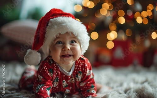 happy smiling baby with Santa hat in Christmas background