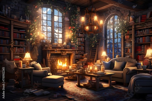 Interior of a cozy living room with a fireplace. 3D rendering © Iman