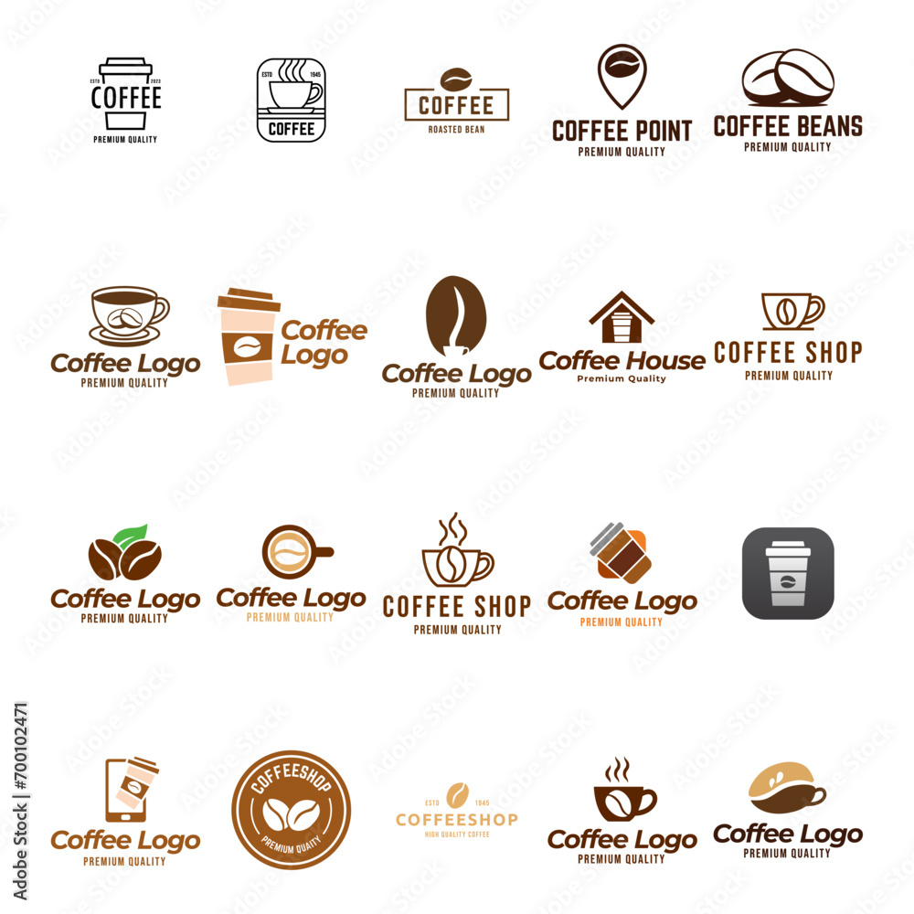 Coffee logo set. Premium espresso icons collection. Cafe Latte hot drink mug symbols vector illustrations.