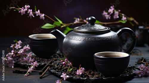 Asian black traditional teapot and teacups