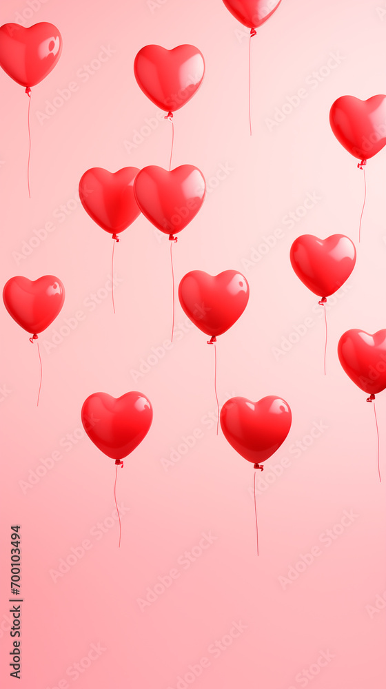 Air Balloons of heart shaped foil on pastel pink background. Love concept. Holiday celebration. Valentine's Day or wedding party decoration. 