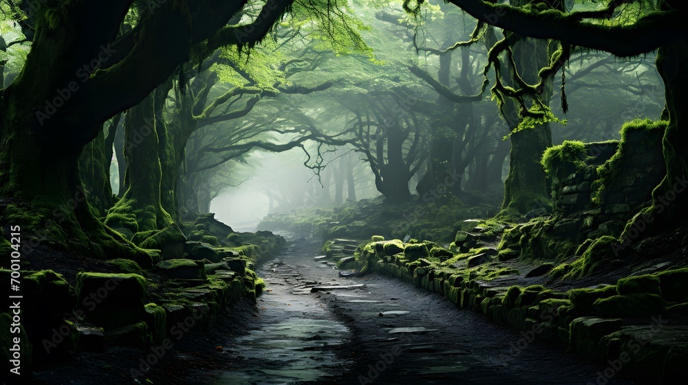 Mysterious dark mysterious forest with a pathway, 3d render