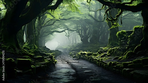 Mysterious dark mysterious forest with a pathway  3d render