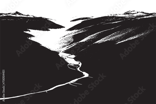 mountain valley black overlay monochrome grungy texture on white background, vector illustration background