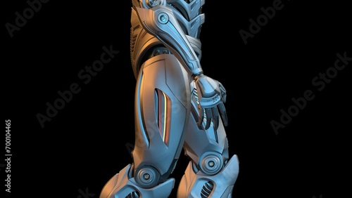 Futuristic robot man walk cycle or humanoid cyborg walking in loop. 3d rendering animation of the full body animated from the bottom to the top. Side view isolated on black background with alpha photo