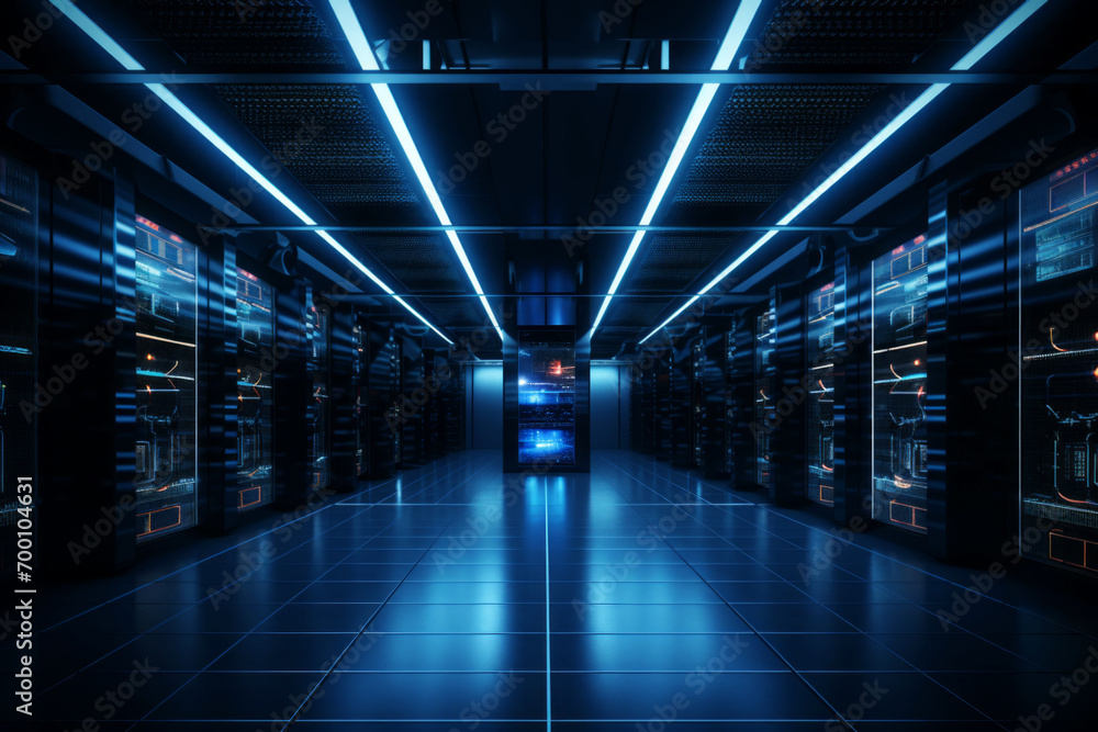AI generated image of Database center and dark server room with blue lights - obrazy, fototapety, plakaty 