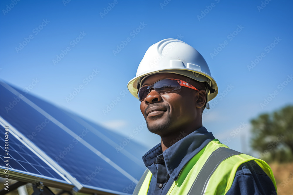 AI generated image from below of black smiling engineer man standing with protective helmet and glasses while working at the renewable solar panel site AI generated image from below of black smiling engineer man standing with protective helmet and glasses while working at the renewable solar panel site