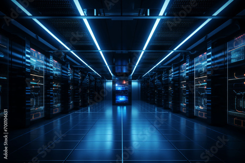 AI generated image of Database center and dark server room with blue lights