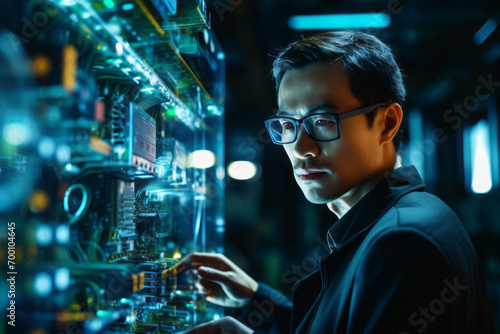 AI generated image of side view of focused ethnic IT engineer with eyeglasses working in data center with computer technologies against blurred background