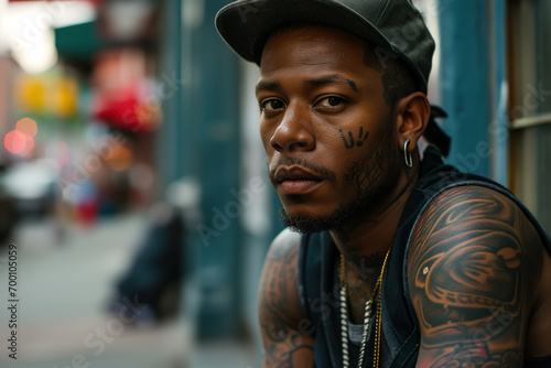 African American rapper gangster with tattoos in a ghetto street looking at camera photo