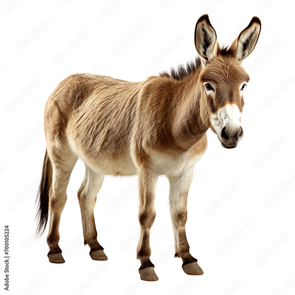 Portrait of donkey animal standing isolate on transparent background, cutout, png Portrait of donkey animal standing isolate on transparent background, cutout, png
