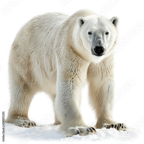 Fototapete A lone polar bear standing in a snowy habitat, looking directly at the viewer, embodying the serene yet formidable Arctic wilderness