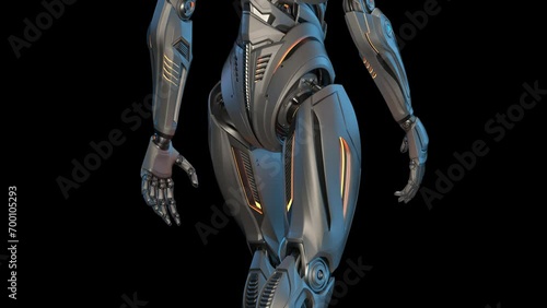 Futuristic robot man walk cycle or humanoid cyborg walking in loop. 3d rendering animation of the full body animated from the bottom to the top. Back side view isolated on black background with alpha