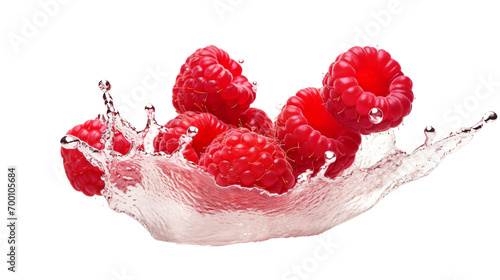 a group of raspberries splashing into clear water