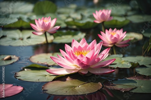 Pond with beautiful pink lilies.