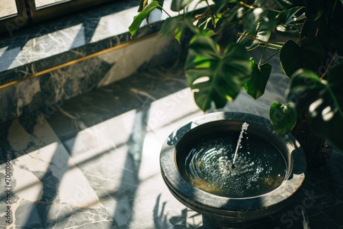 Sunlight streams through foliage, casting dancing shadows on a water basin, creating a play of light and serenity in a garden corner.