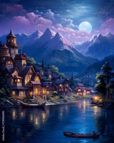 Fantasy landscape with old wooden houses on the bank of the river in the mountains.