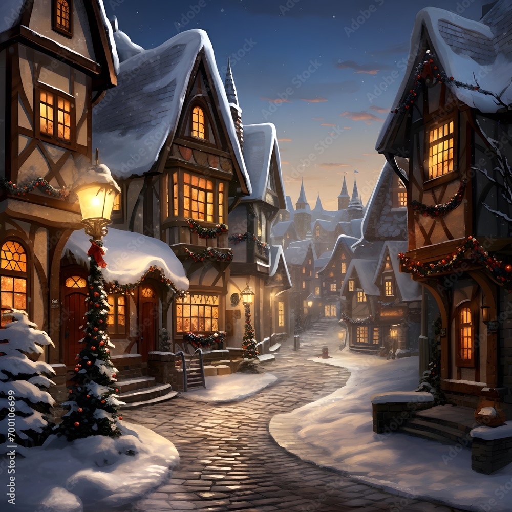 Winter night in a small village with houses and lanterns, 3d illustration