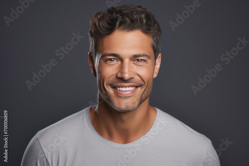 Handsome tanned young man in gray T-shirt smiling and looking at the camera, Closeup