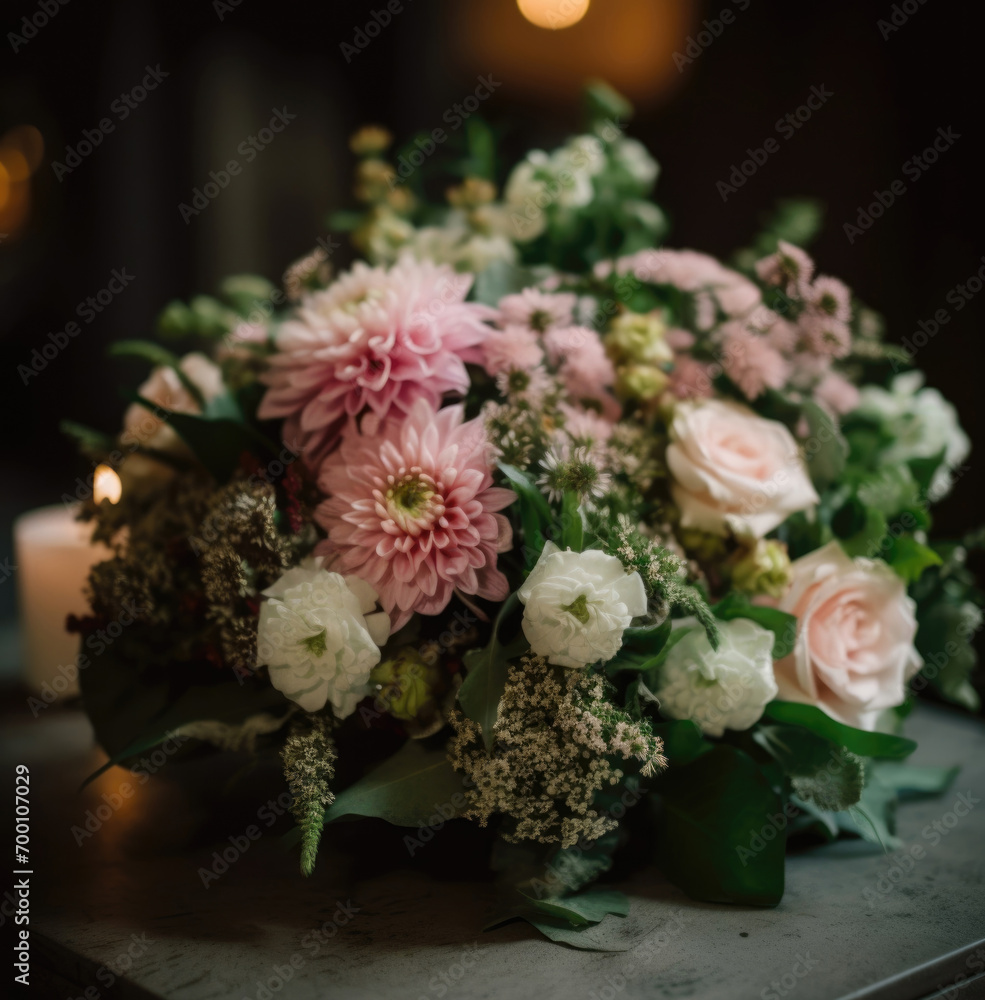 A classic vase overflows with an elegant floral arrangement of roses and lush greenery, exuding sophistication. A classic vase overflows with an elegant floral arrangement of roses and lush greenery, exuding sophistication.