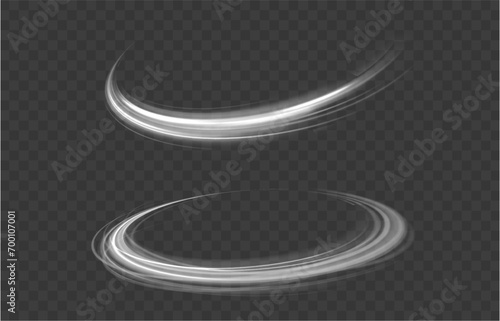 Luminous white lines of speed. Twist white line. Light trail wave, fire path trace line and incandescence curve twirl. Abstract motion lines.	