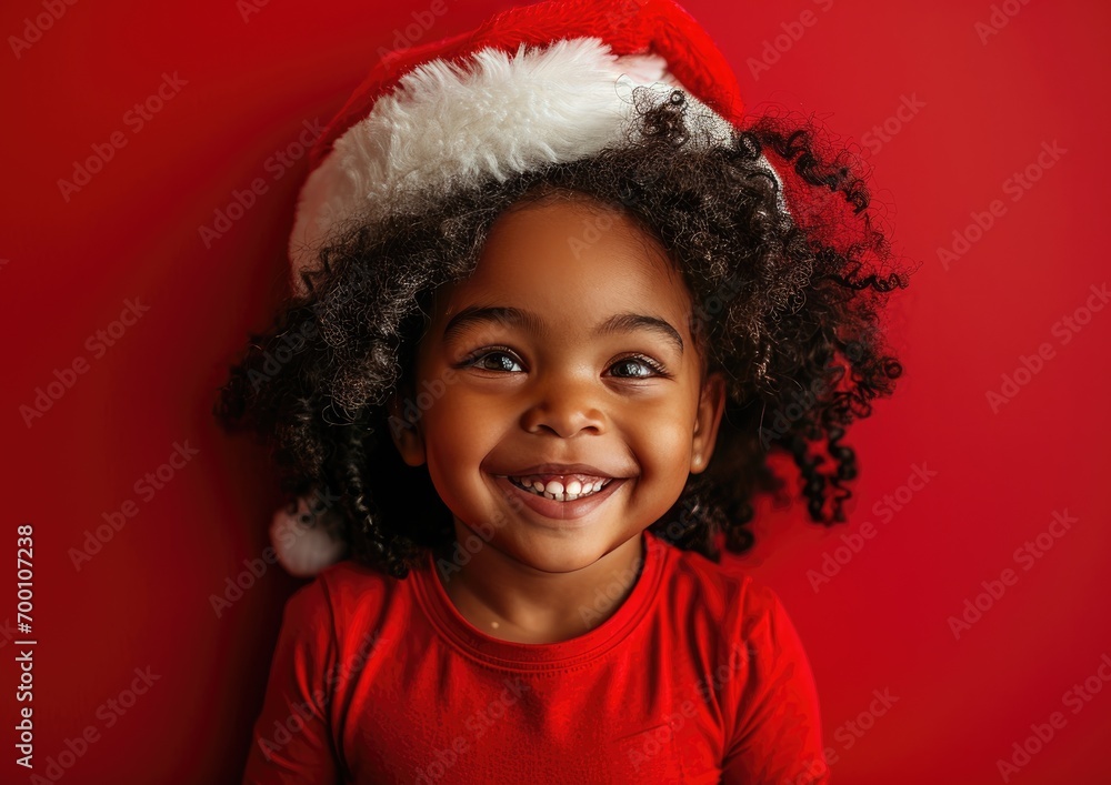 Happy African American baby wearing Santa hat in Christmas background Happy African American baby wearing Santa hat in Christmas background