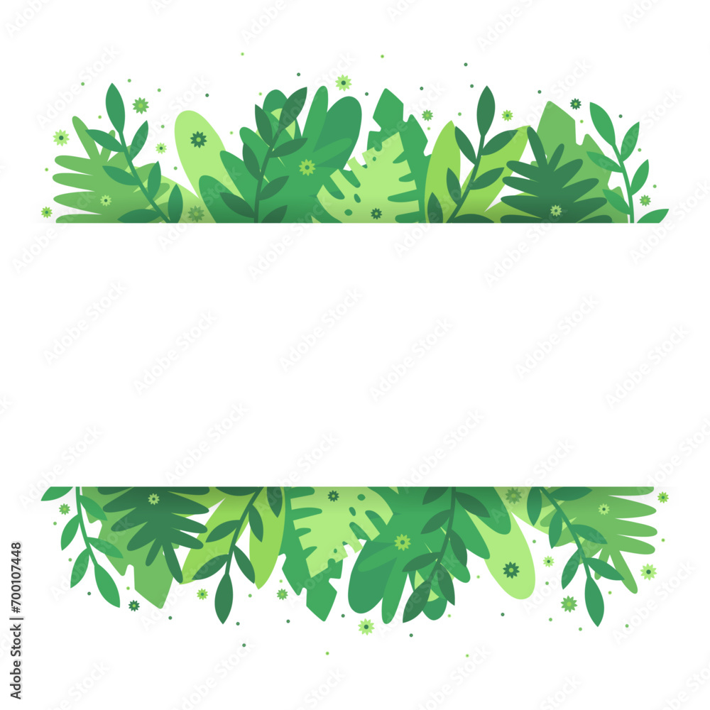 Bandeau végétal - Cadre de fleurs et feuilles - Espace pour écrire un texte au milieu - Éléments décoratifs floraux modernes verts - Style cartoon - Trame végétale, encadrement floral - Déco, carré