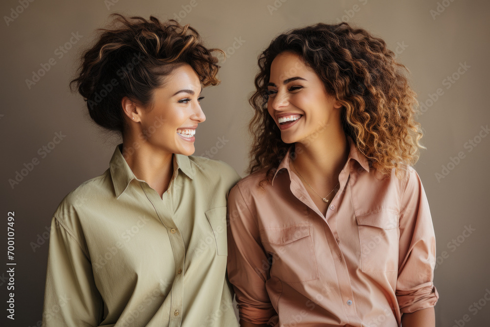 Happy laughing couple of lesbian women in casual shirts on beige background Happy laughing couple of lesbian women in casual shirts on beige background