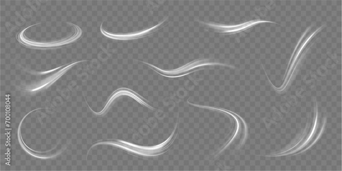 White shiny sparks of spiral wave. Imitation of the exit of cold air from the air conditioner. Vector illustration stream of fresh wind png.