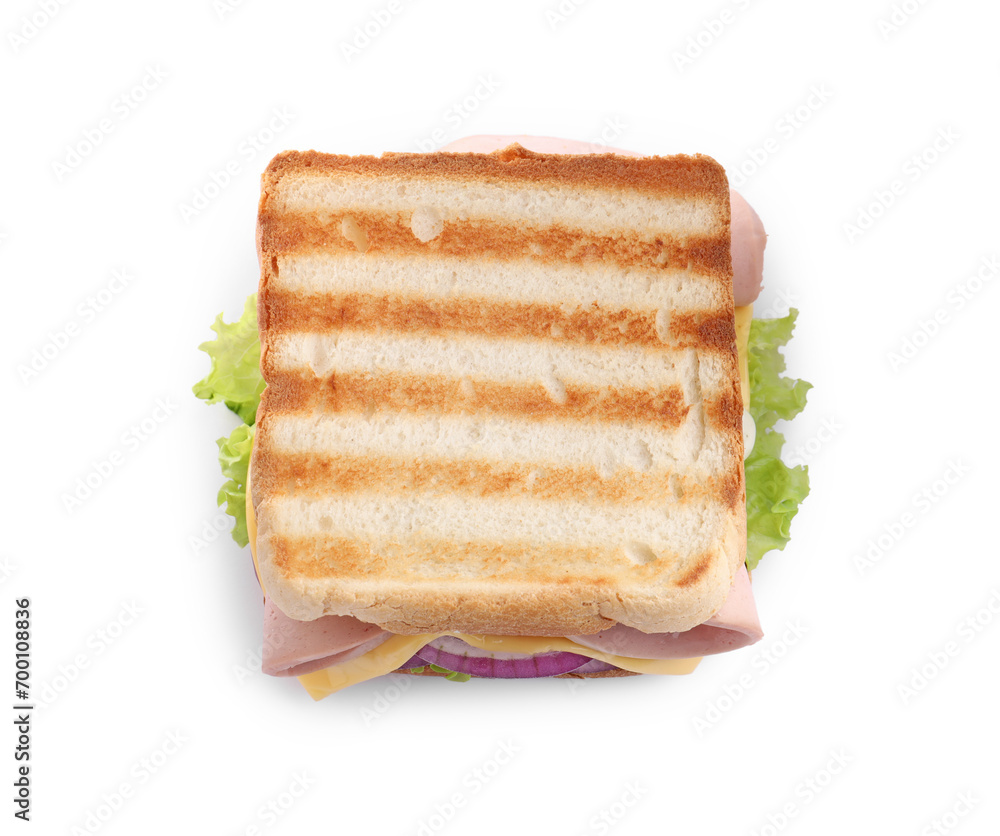 Fototapeta premium Delicious sandwich with boiled sausage, cheese and onion isolated on white, top view