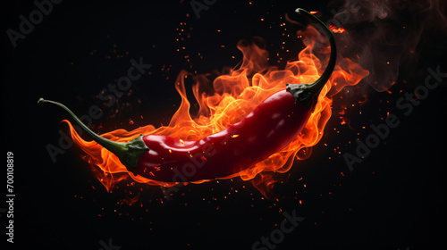 Red hot chili pepper in fire on dark black background