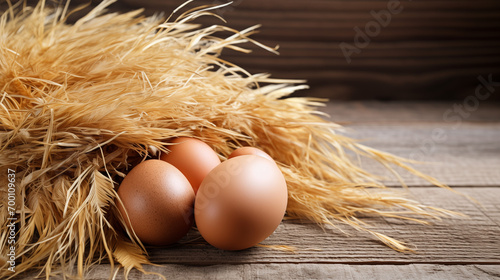 Chicken eggs on the wood plank near the sraw nest and some chicken fearther placce for title photo