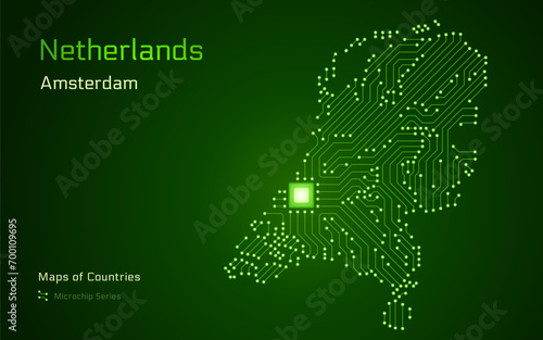 Netherlands Map with a capital of Amsterdam Shown in a Microchip Pattern with processor. E-government. World Countries vector maps. Microchip Series 