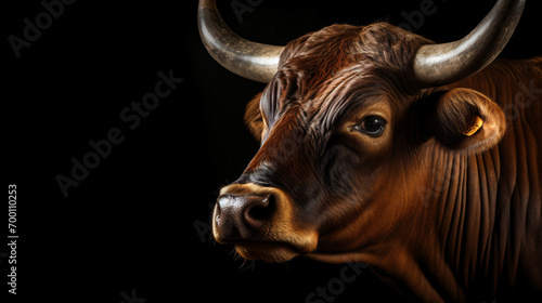 Closeup of a head of an angry brown bull