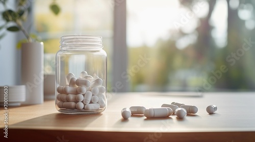 White pills in a jar on a wooden table at home, vitamin supplementation photo