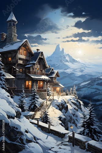 panoramic view of the old wooden house in the snowy mountains