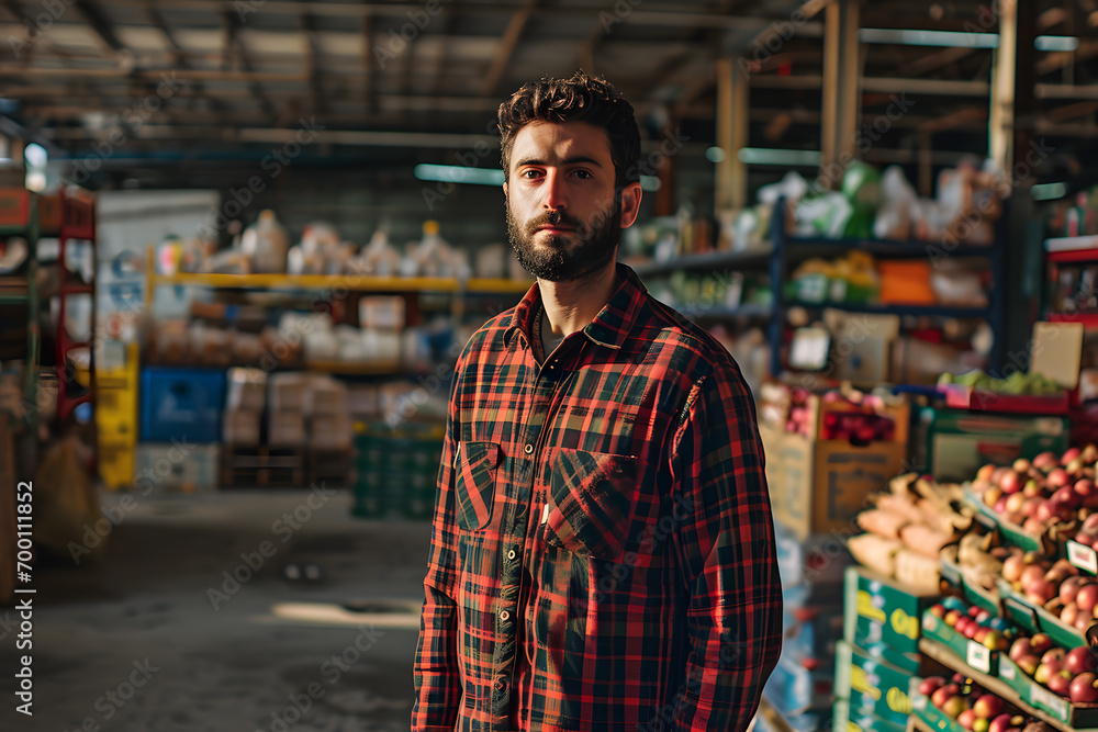 Portrait of bearded man in red checkered shirt standing in warehouse