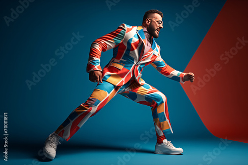 Portrait of a male athlete in a bright geometric suit on a blue and red background
