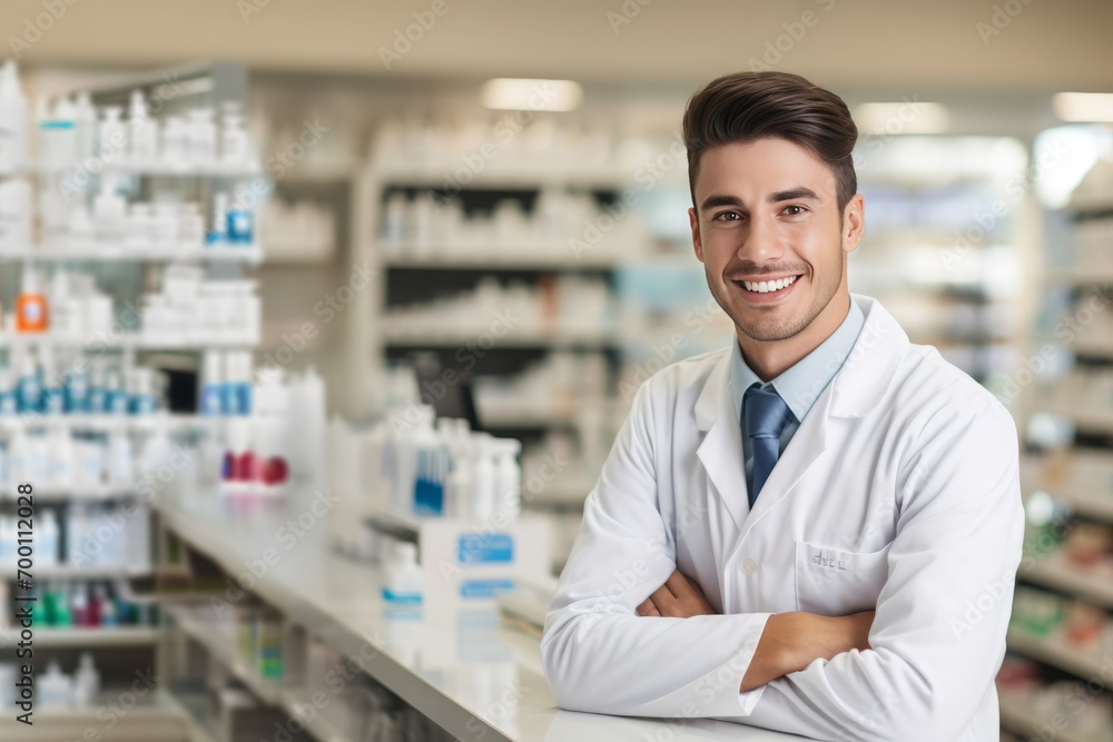 Pharmacy Professional: Portrait of a Male Pharmacist Dedicatedly Working at the Counter