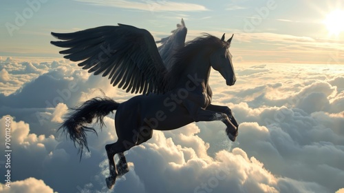 Majestic black Pegasus horse flying high above the clouds.