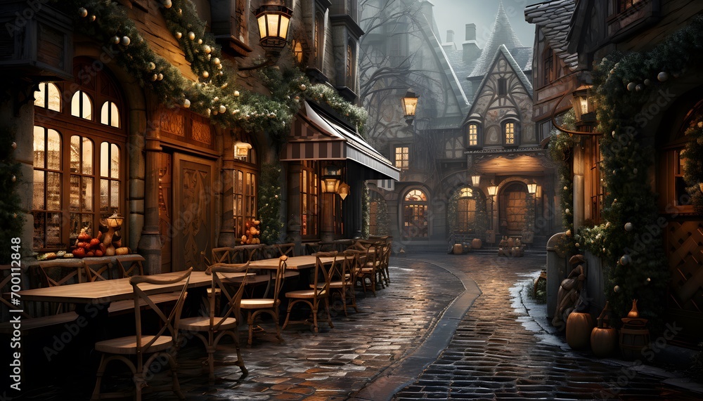 Street in the old town at night. Christmas and New Year holidays concept.