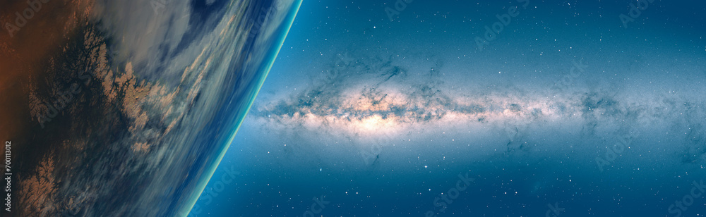 View of the planet Earth from space during a sunrise Milkyway galaxy in the background View of the planet Earth from space during a sunrise Milkyway galaxy in the background