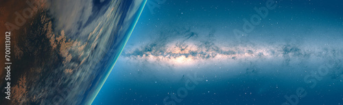 View of the planet Earth from space during a sunrise Milkyway galaxy in the background "Elements of this image furnished by NASA "