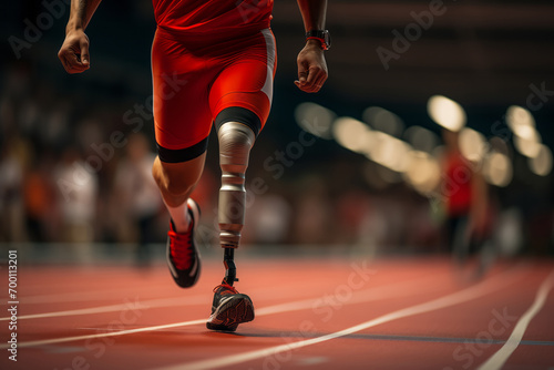 Disabled athlete runner on prosthetic leg on track of stadium.