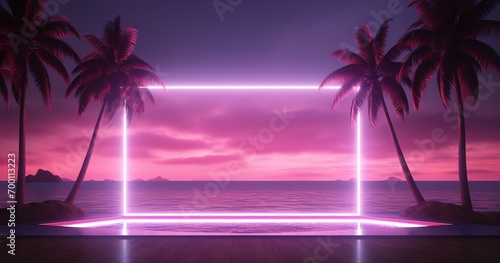 a pink neon frame with palm trees and a pink sky