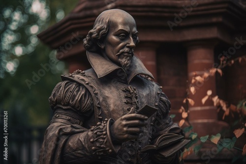 William Shakespeare statue in Stratford-upon-Avon, UK. Generative AI © Marisela